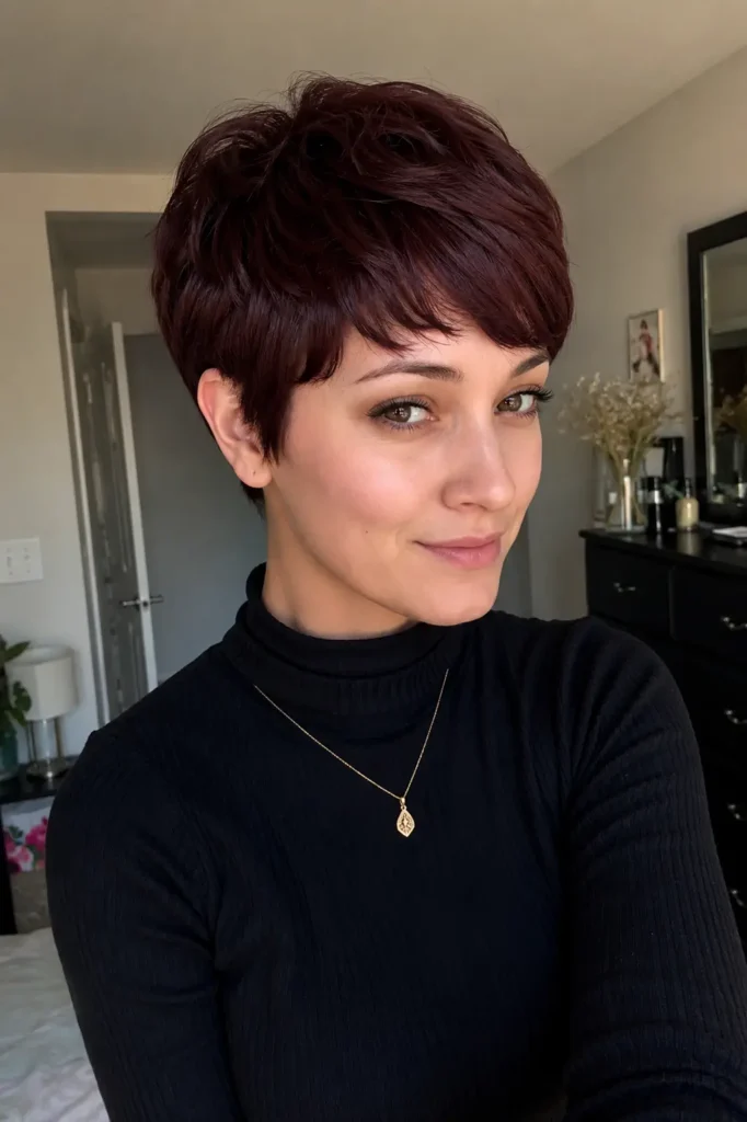Young woman in her mid-20s with a sleek dark cherry pixie crop haircut featuring rich burgundy-red tones and soft layered texture, posing indoors in natural daylight