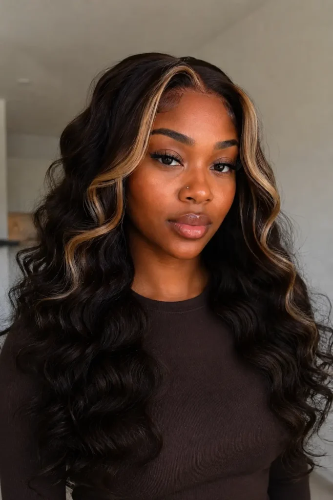 a woman with deep warm brown skin wearing a dark espresso brown deep wave wig with warm blonde money-piece highlights