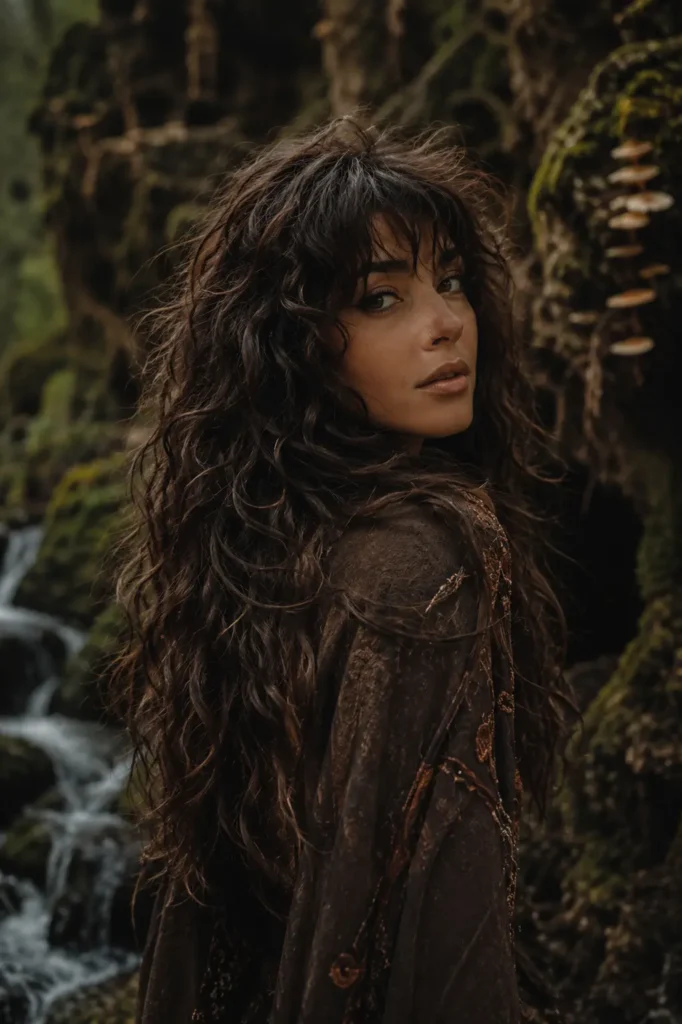 young woman with layered dark brown curly hair and wild natural texture, styled in a forest witch aesthetic with earthy makeup and a flowing dark outfit, standing in an enchanted woodland setting with mossy trees and soft natural light