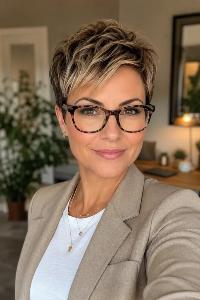 A confident woman in her late 30s with a chic shadow-root pixie cut featuring dark roots blended into honey blonde ends. Her short hair shows rich dimensional color and textured layers. She wears tortoiseshell gradient eyeglass frames and a smart casual outfit