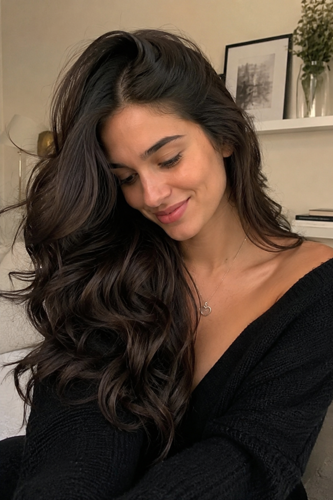 Young woman with thick deep side-part wavy hair smiling softly in cozy natural lighting, wearing a black knit sweater in a neutral indoor setting with a relaxed Pinterest-inspired beauty aesthetic.
