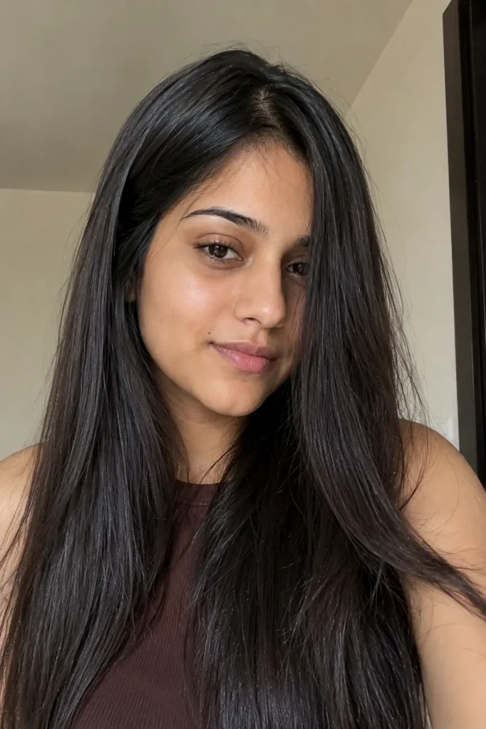 girl with an oval face shape and long straight dark hair styled in a deep side part, posing indoors in soft natural light with a relaxed candid expression