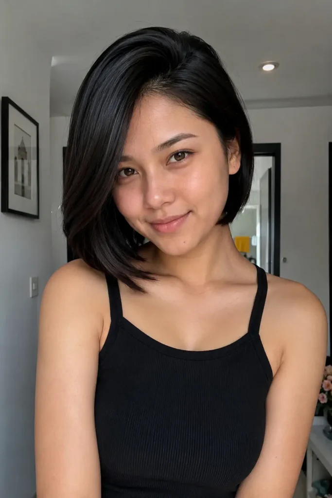 Real girl with a sleek bob hairstyle and deep side part, styled with a smooth finish under soft indoor lighting.