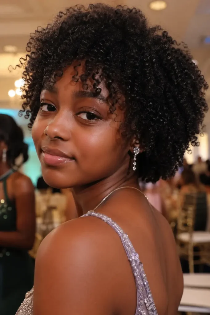 a Black teenage girl at a prom in an indoor ballroom. She looks over her shoulder toward the camera with a soft smile. Her natural, defined wash-and-go curls frame her face with realistic texture