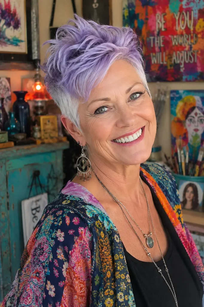 A joyful woman in her late 50s with a disconnected pixie cut featuring a soft lavender-toned top and natural white sides smiles warmly in a colorful artistic studio. She wears eclectic patterned clothing and statement jewelry