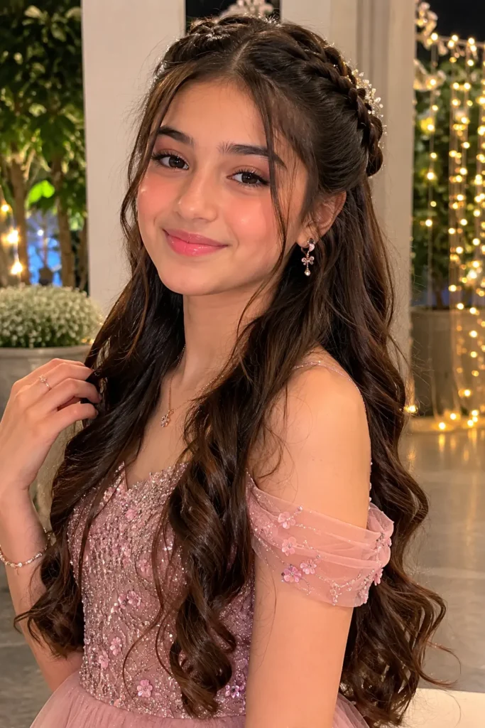 teenage girl around 13–14 years old wearing an elegant blush pink formal dress, featuring a double braided half-up hairstyle with long soft curls cascading over her shoulders. She has natural facial features, realistic skin texture, soft glam makeup, and a gentle smile