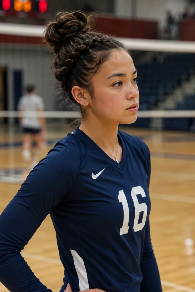 a young female volleyball athlete standing on an indoor court, wearing a navy volleyball jersey with the number 16. Her hair is styled in a double twist crown bun with braided crown sections wrapped into a compact sporty bun