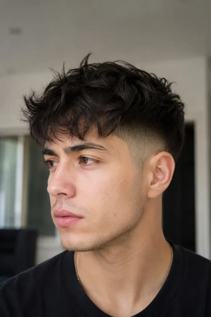 a young man with a drop fade and messy fringe haircut, featuring textured dark hair, natural skin texture