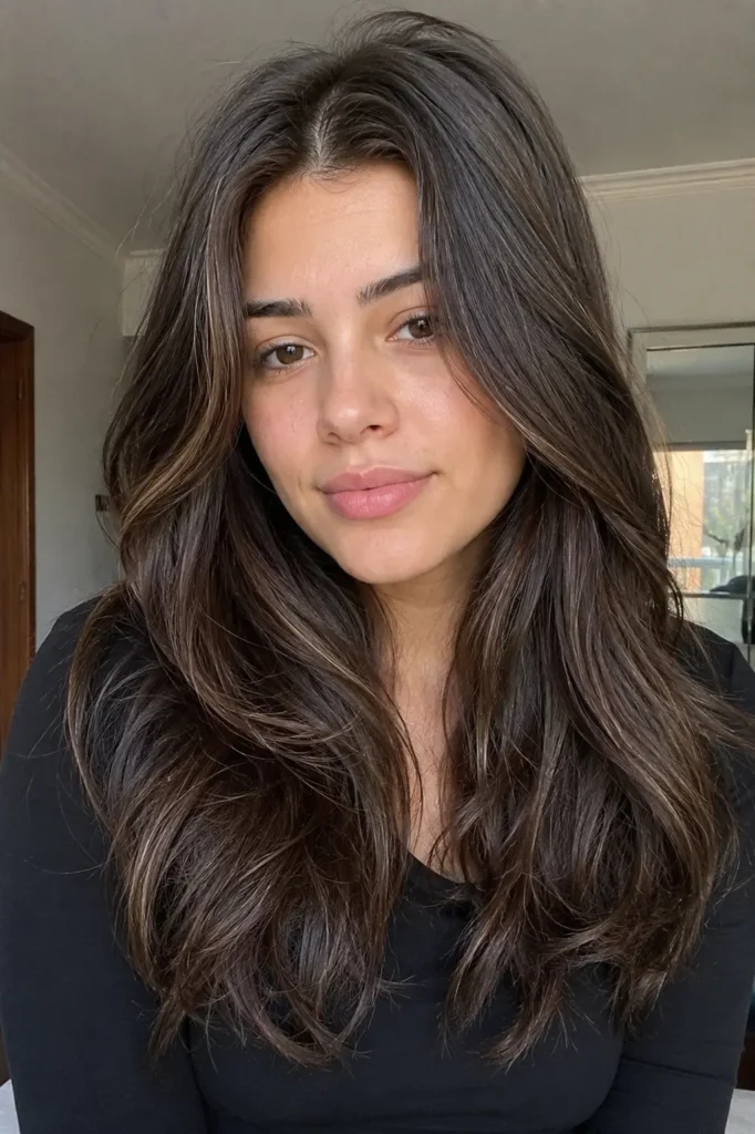 a woman with thick dark brunette hair featuring subtle dusty ash babylights. Her hair is the focal point: dense, full-bodied texture with soft layers creating movement and natural dimension.