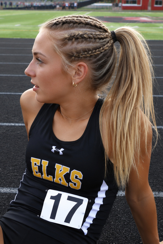 Teen girl athlete with blonde hair styled in a Dutch braid leading into a high ponytail, sitting on an outdoor running track in track and field gear, overhead back-view angle showcasing the complete braid pattern and ponytail