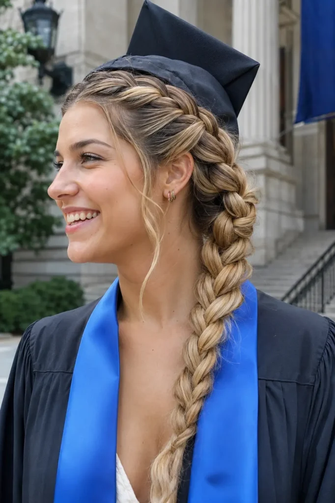 Dutch side braid graduation hairstyle on a real young woman wearing a graduation cap and gown, photographed on a university campus