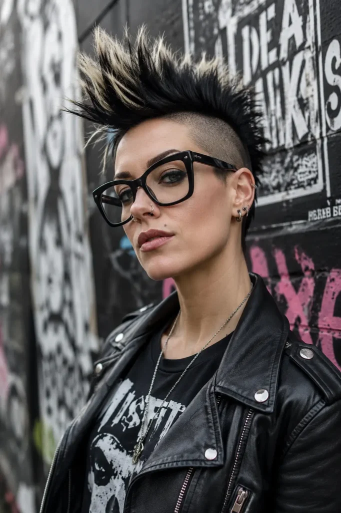 A confident woman with a punk-inspired hairstyle poses in an urban alley covered in graffiti and posters. She has shaved sides with a dramatic black-and-blonde spiked mohawk, oversized black square glasses,