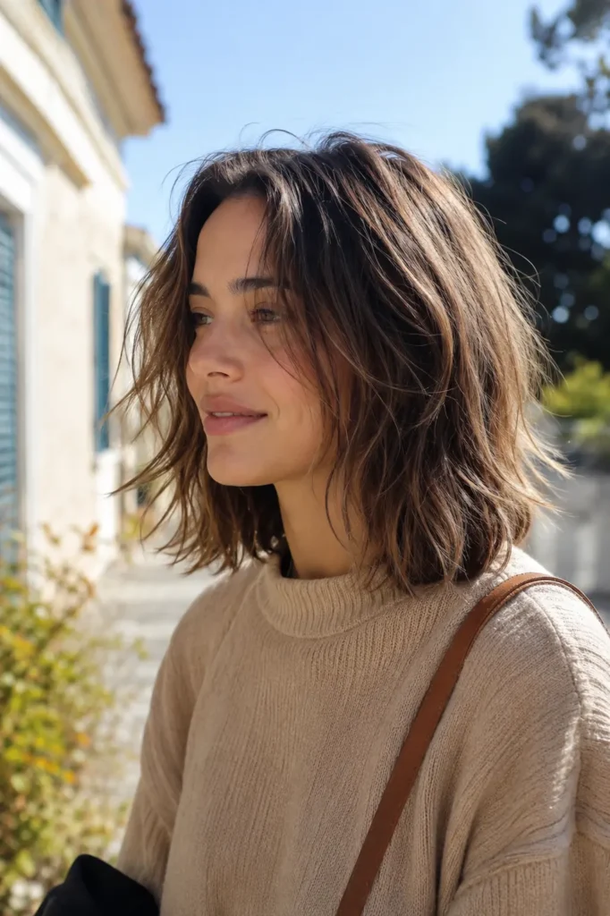 Effortless air-dried lob hairstyle on a real woman in her mid-20s with fine natural waves and soft texture, photographed outdoors on a sunny morning in casual everyday clothing, relaxed candid expression with a natural no-makeup makeup lookEffortless air-dried lob hairstyle on a real woman in her mid-20s with fine natural waves and soft texture, photographed outdoors on a sunny morning in casual everyday clothing, relaxed candid expression with a natural no-makeup makeup look