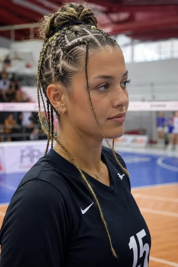 young volleyball athlete with an elastic grid braid hairstyle featuring structured sections and mini braids, standing in an indoor volleyball gym wearing a dark athletic jersey, with a confident expression and realistic sporty appearance.