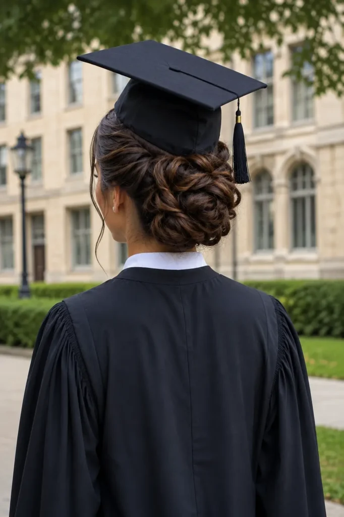 Back-view of a real young woman wearing a graduation cap and gown, showcasing an elegant chignon hairstyle with detailed twisted bun texture