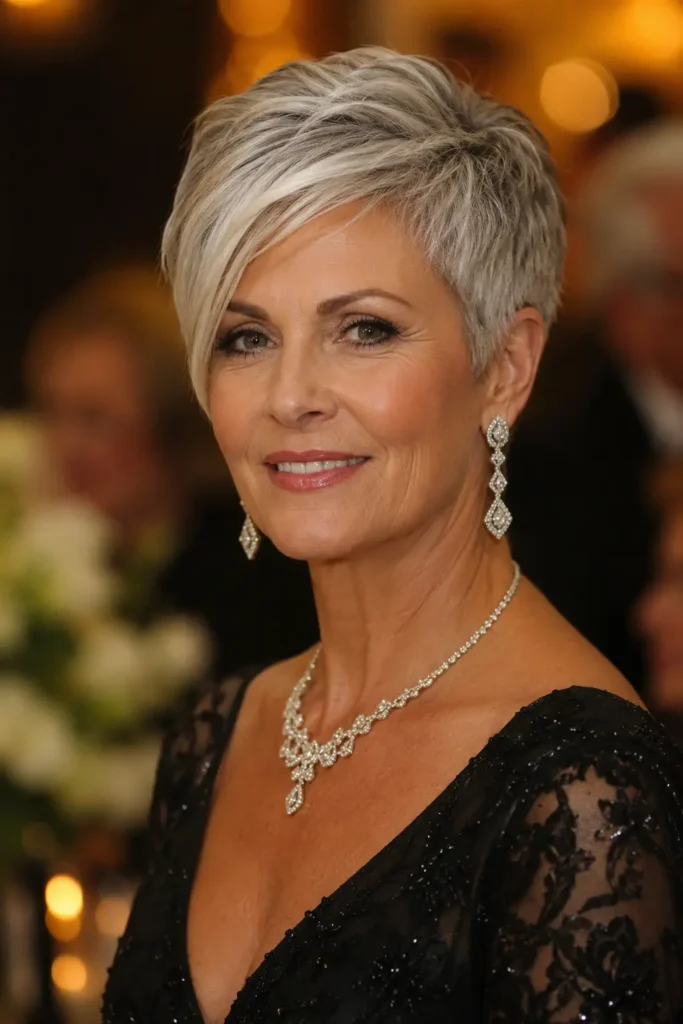 Elegant woman in her early 60s with a sleek side-swept formal pixie haircut, wearing sparkling evening jewelry and a black elegant dress at a formal gala event. Warm ambient lighting and soft blurred background create a sophisticated atmosphere as she poses with a poised and graceful expression.