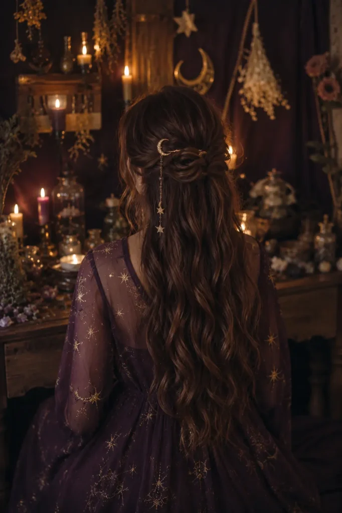 Back view of a real girl with a half-up twisted hairstyle and long soft waves, styled with moon accessories in a cozy witchcore setting with warm mystical candlelight and a romantic fantasy atmosphere.