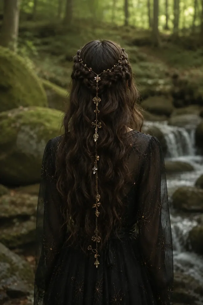 real young woman with a waterfall braid and long soft waves, decorated with delicate gold magical accessories, standing in an enchanted forest beside a small waterfall. She wears a flowing black witch-inspired dress in a moody fantasy setting with natural woodland lighting