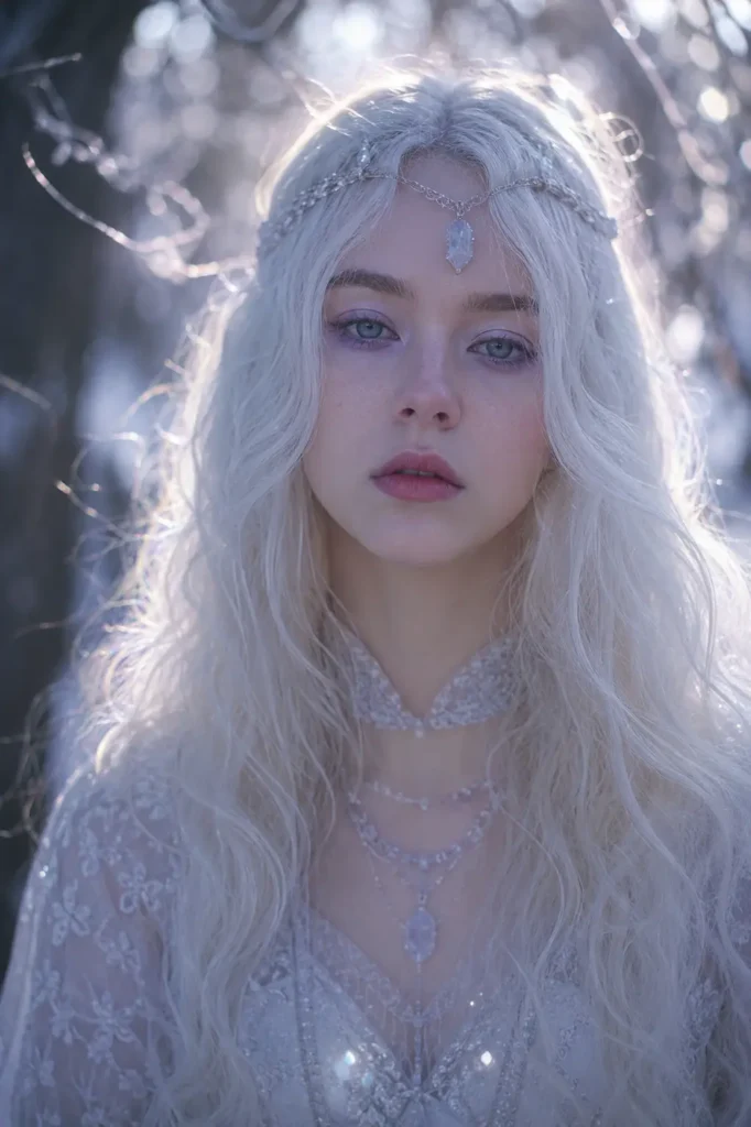 young girl with icy white wavy hair in a dreamy ethereal witch aesthetic, standing in soft glowing natural light. She wears delicate silver jewelry and a sheer fantasy-inspired outfit with subtle sparkling details