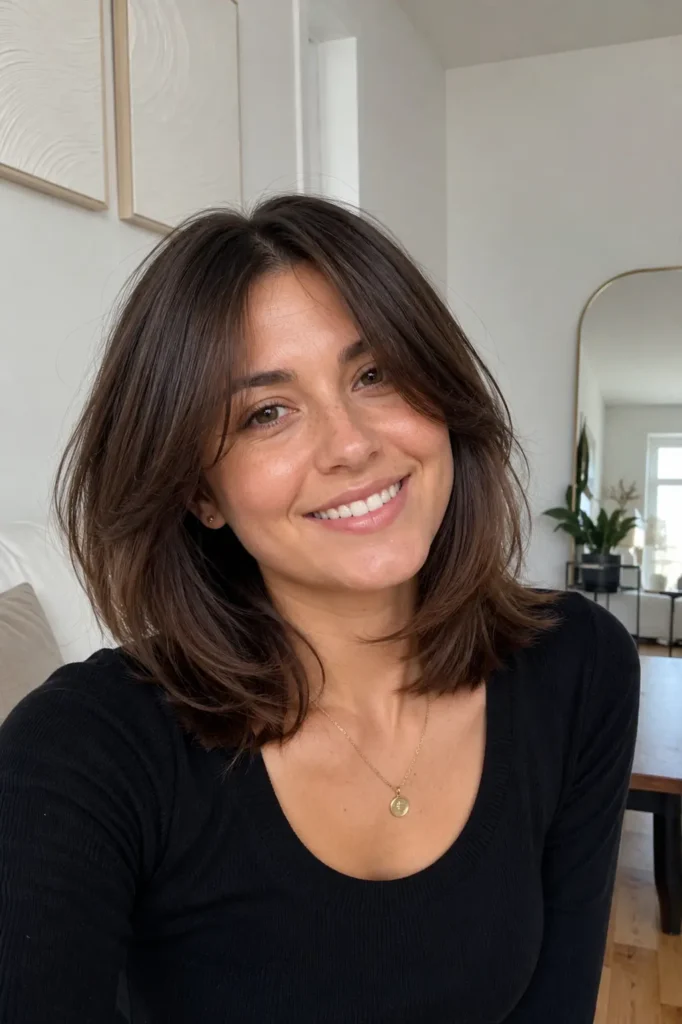 Real everyday woman with a face-framing layered bob haircut and soft front layers, medium brown hair with airy volume and natural movement