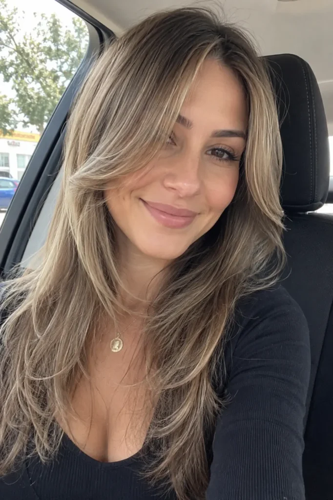 Real woman with ash blonde face-framing layered hair smiling naturally in warm daylight. Soft front layers gently frame her face, showcasing movement, texture, and dimension