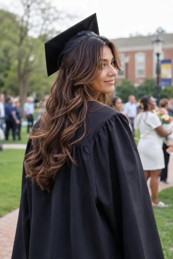 Back view of a real young woman with face-framing layered waves at graduation, wearing a cap pushed slightly back to reveal soft flowing layers and hair texture