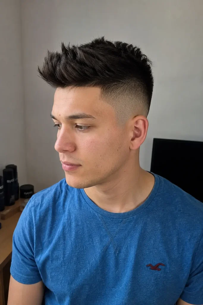 a young man in a blue shirt with a faux hawk fade haircut, featuring lifted textured hair on top, clean fade sides, natural facial features