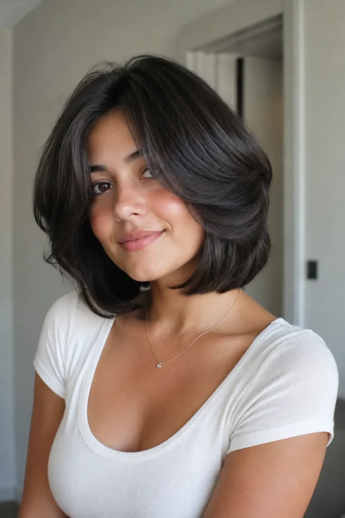 girl with thick dark hair wearing a feathered precision bob haircut with soft layers, smooth shape, and natural shine