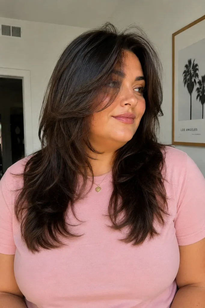 Plus-size woman with a medium feathered layered haircut, soft flipped-out wispy ends, and visible crown volume, wearing a modest light pink shirt.