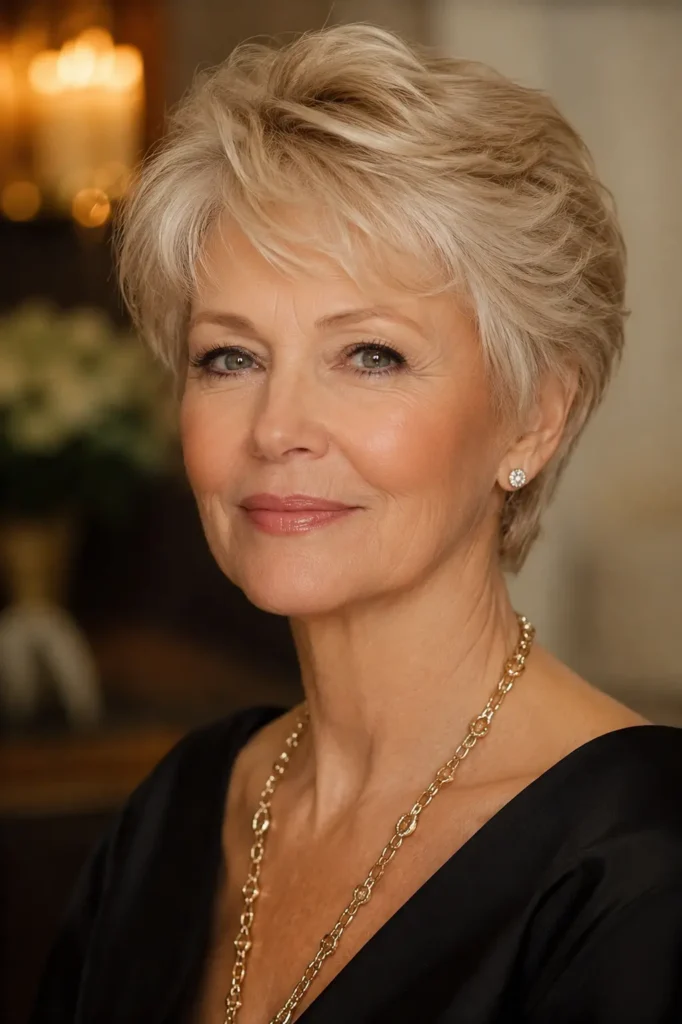 Elegant woman in her early 60s with a classic feathered pixie cut featuring soft romantic layers in golden-blonde and silver tones, wearing timeless gold jewelry and a black satin top