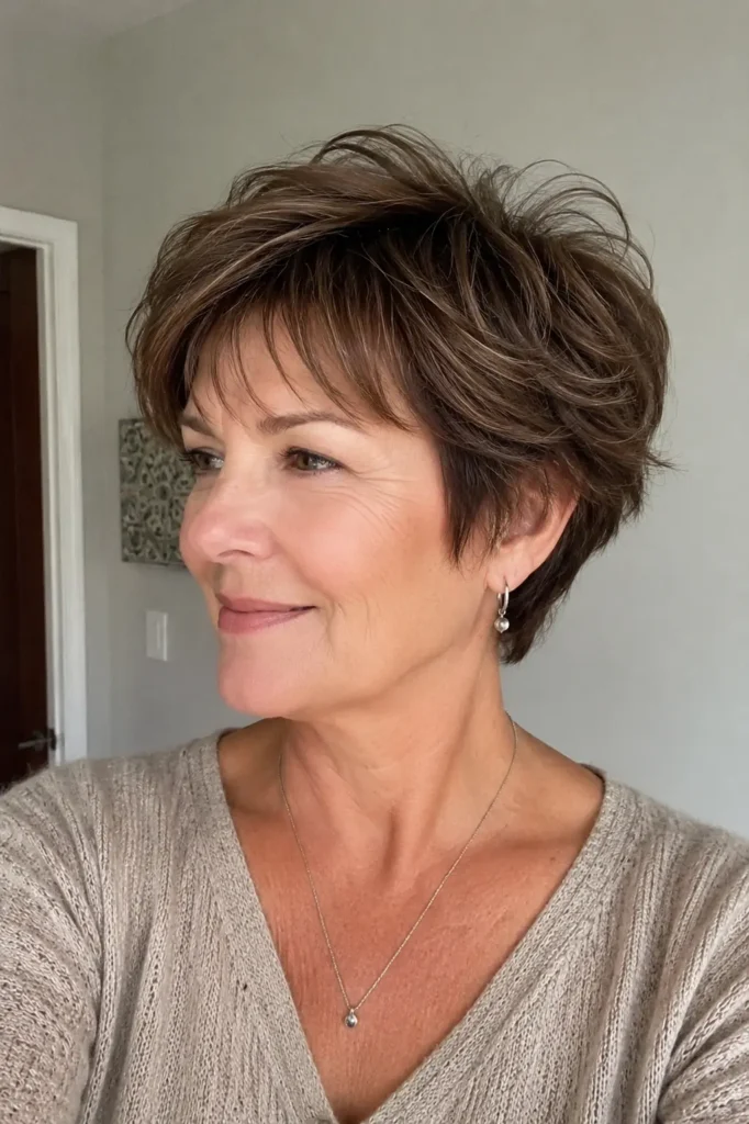 real woman over 40 with a feathered pixie haircut in soft brunette tones. Her hair features wispy layered texture with airy volume around the crown