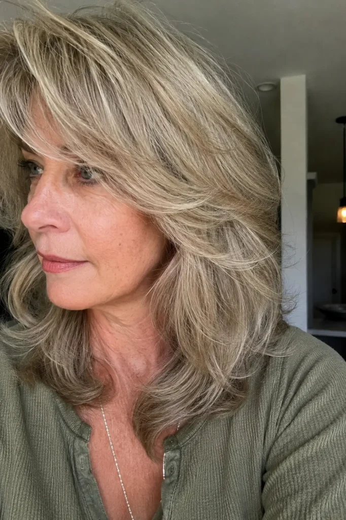 a woman around 50–60 years old with feathered shoulder-length layered hair featuring soft volume and movement. She has natural facial features, realistic skin texture, and a candid everyday appearance