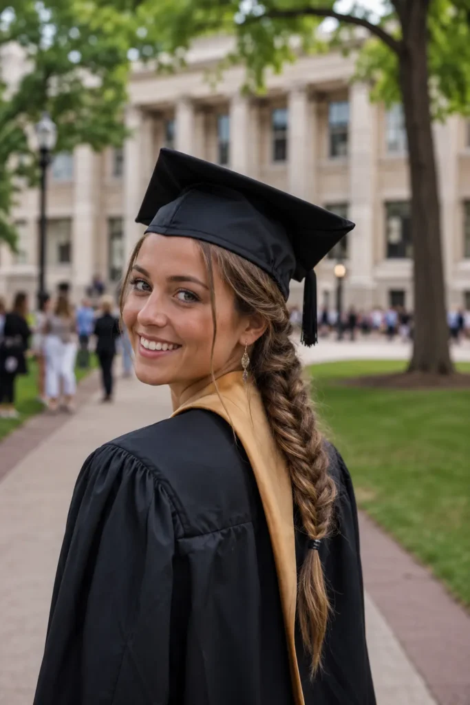 Graduation portrait of a real young woman with a fishtail side braid hairstyle, wearing a graduation cap positioned slightly back to reveal the braid details, natural skin texture and authentic features, standing on a realistic university campus in soft daylight with a genuine smile