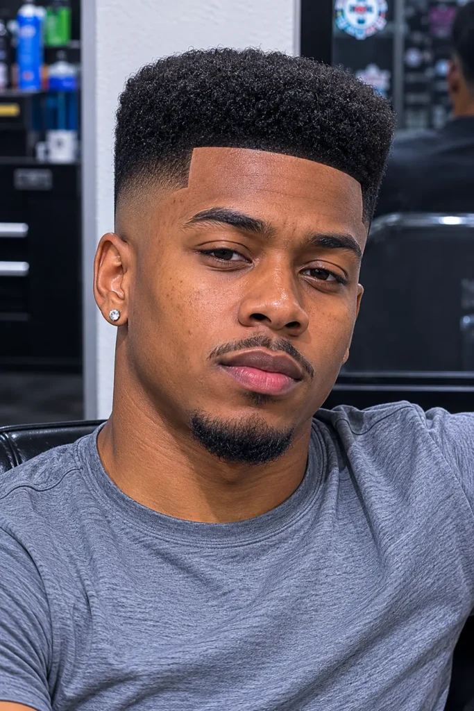 a confident young man wearing a gray shirt with a sharp flat top fade haircut and crisp edge up.