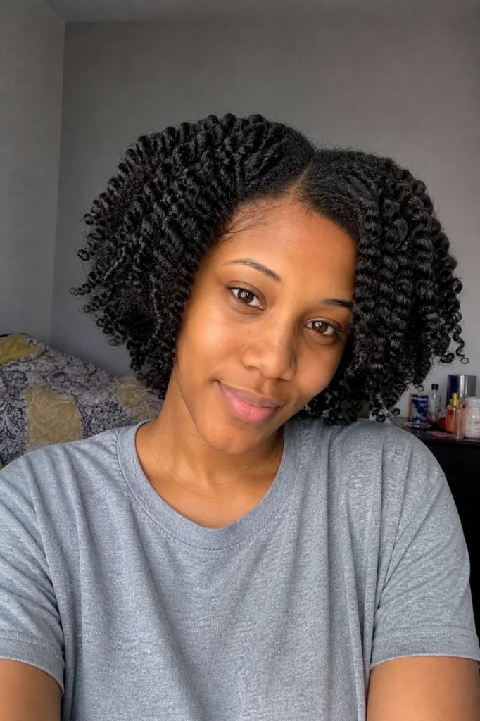 a young Black woman with a flat twist-out hairstyle, featuring soft, defined curls and natural texture. She is indoors in a casual setting
