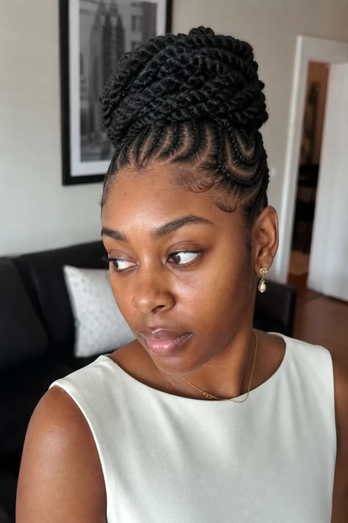 a young Black woman with a flat twists updo, featuring neat, curved scalp parts and a voluminous twisted bun