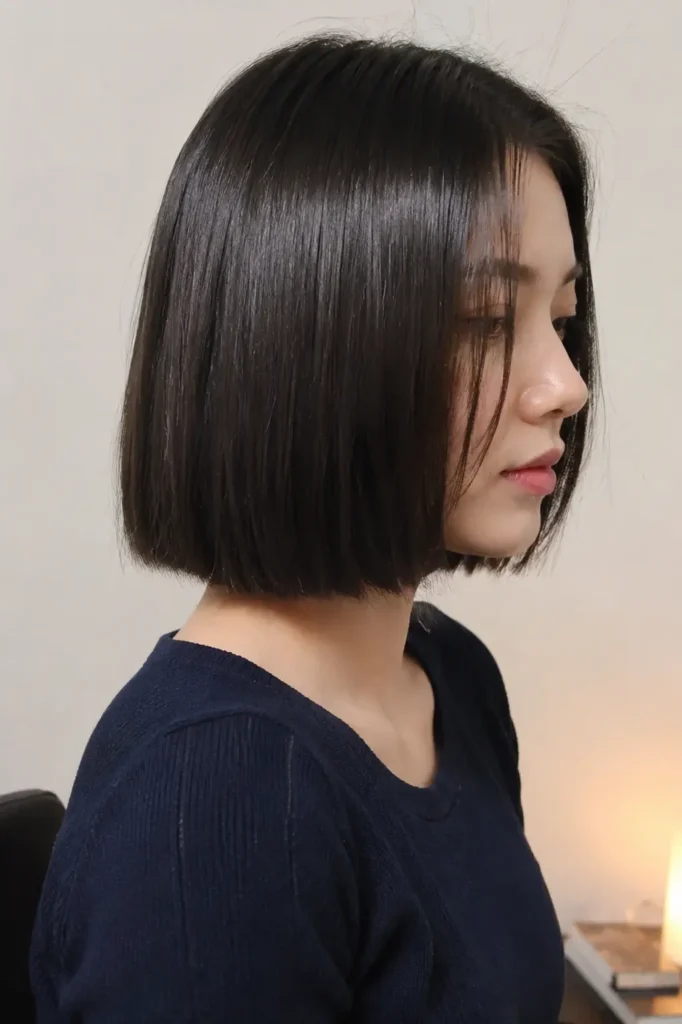 girl with a sleek glass bob hairstyle featuring ultra-shiny straight black hair, shown in side profile indoors against a minimal soft background with warm lighting reflections and realistic hair texture.