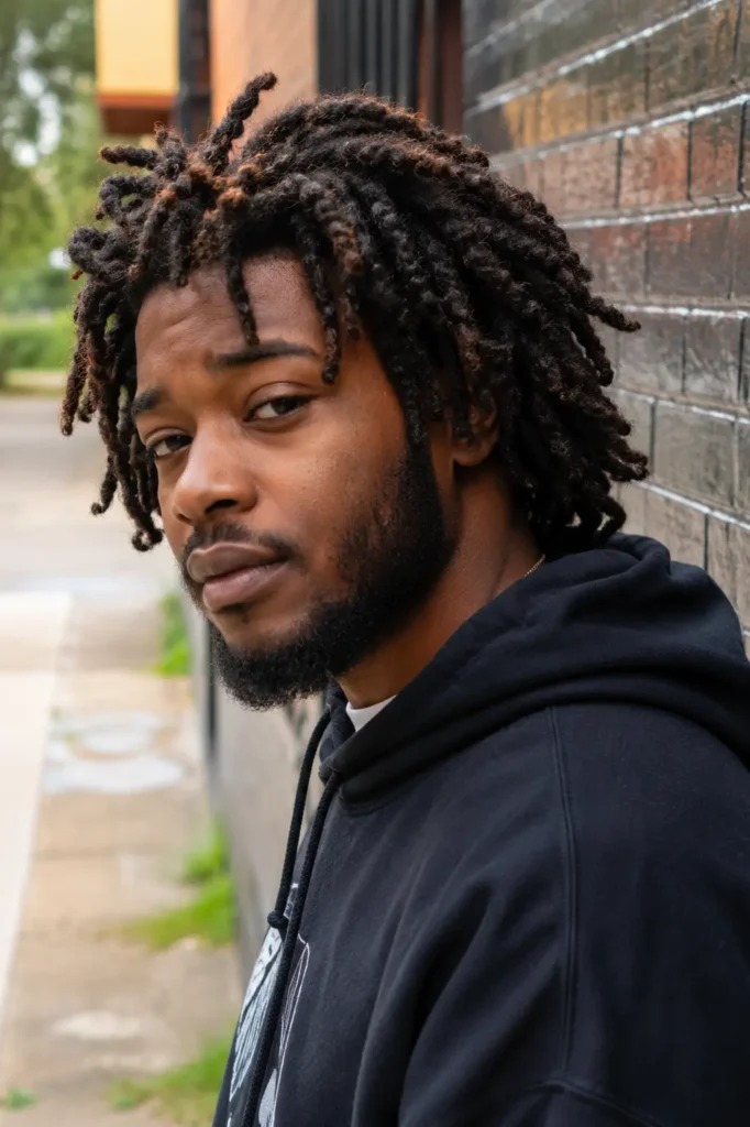 African American man with a freeform barrel twist loc hairstyle and natural dreadlock texture, standing outdoors beside a brick wall. He has authentic facial features, realistic skin texture, and a neatly groomed beard. Wearing a black hoodie in a casual streetwear style