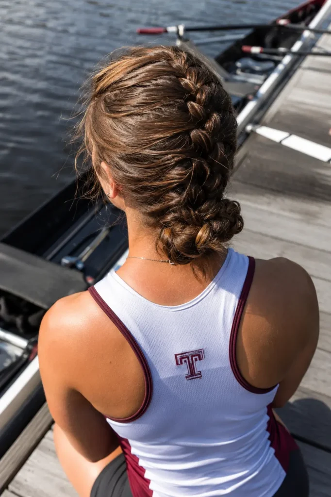 Young woman with chestnut brown hair styled in a French braid flowing into a low bun, viewed from an elevated rear angle while wearing a rowing uniform outdoors near the water