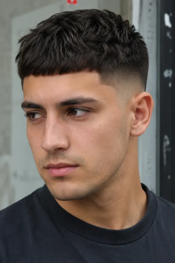 a young man with a textured French crop haircut and clean skin fade, featuring natural facial features,