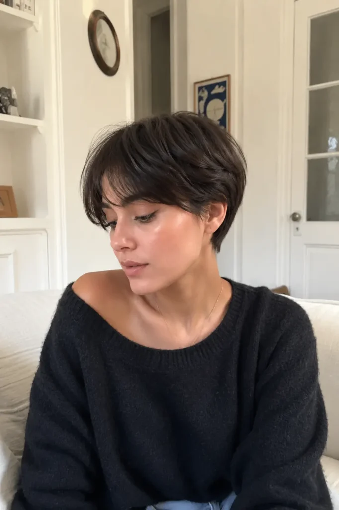 A real young woman with a French-inspired cropped pixie haircut featuring soft natural texture and chic brunette tones, photographed indoors in cozy daylight