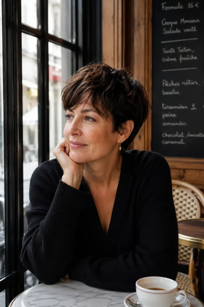 middle-aged woman over 40 seated in a cozy Parisian-style café, featuring a French-inspired cropped pixie haircut with soft brunette texture.