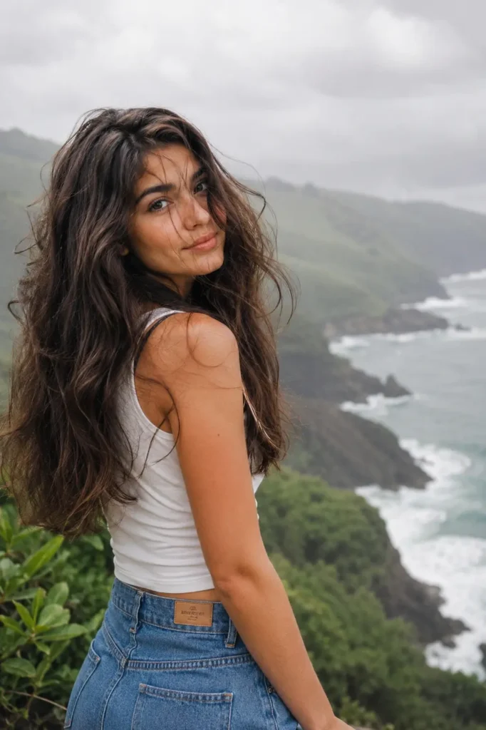 Young woman standing on a coastal cliff outdoors on an overcast day, with long slightly windswept thick dark hair. She wears a white tank top and blue jeans