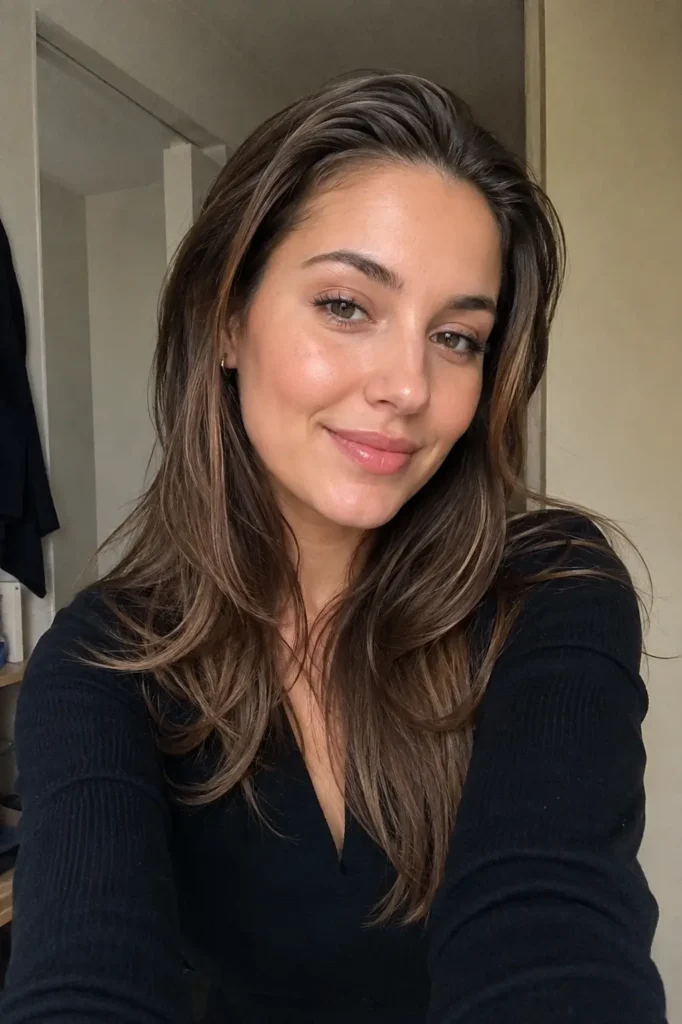 a woman in her mid-20s with long layered brunette hair styled sleek at the roots with softly feathered ends. The front sections are slicked back while the rest falls naturally around her shoulders. She wears a black V-neck top and subtle makeup