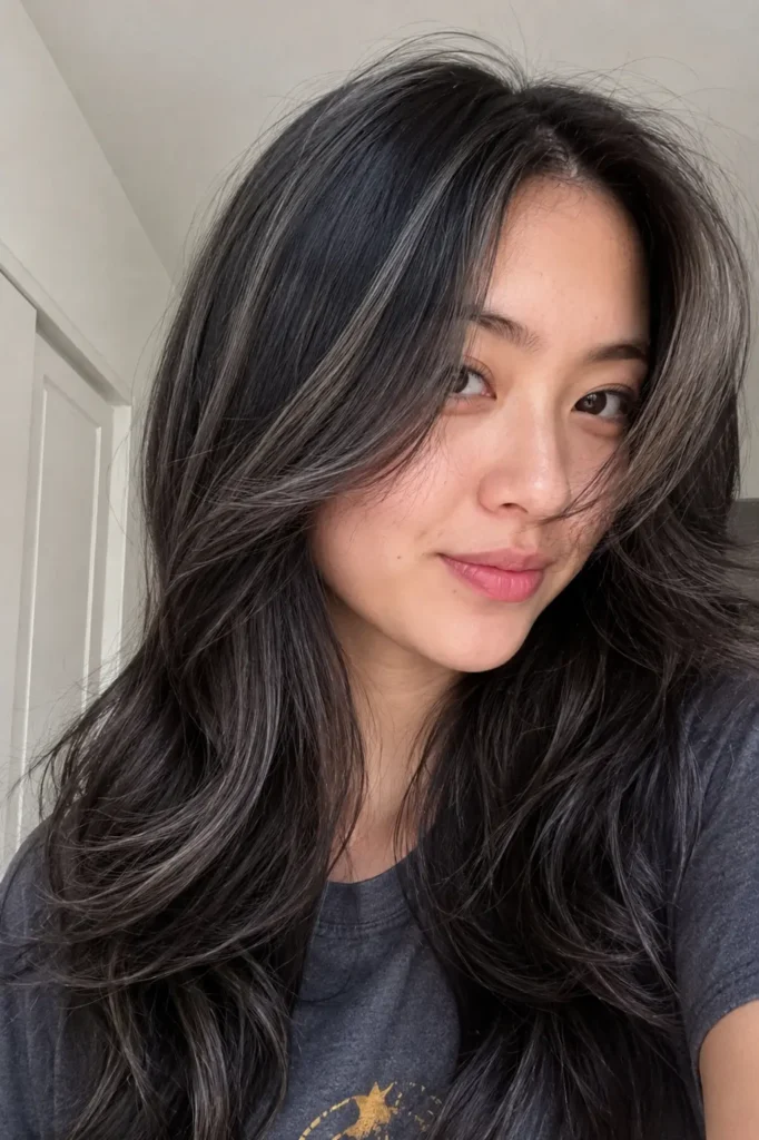 Softly lit vertical portrait of a real-looking young woman with long feathered black waves and cool-toned frosted ash babylights