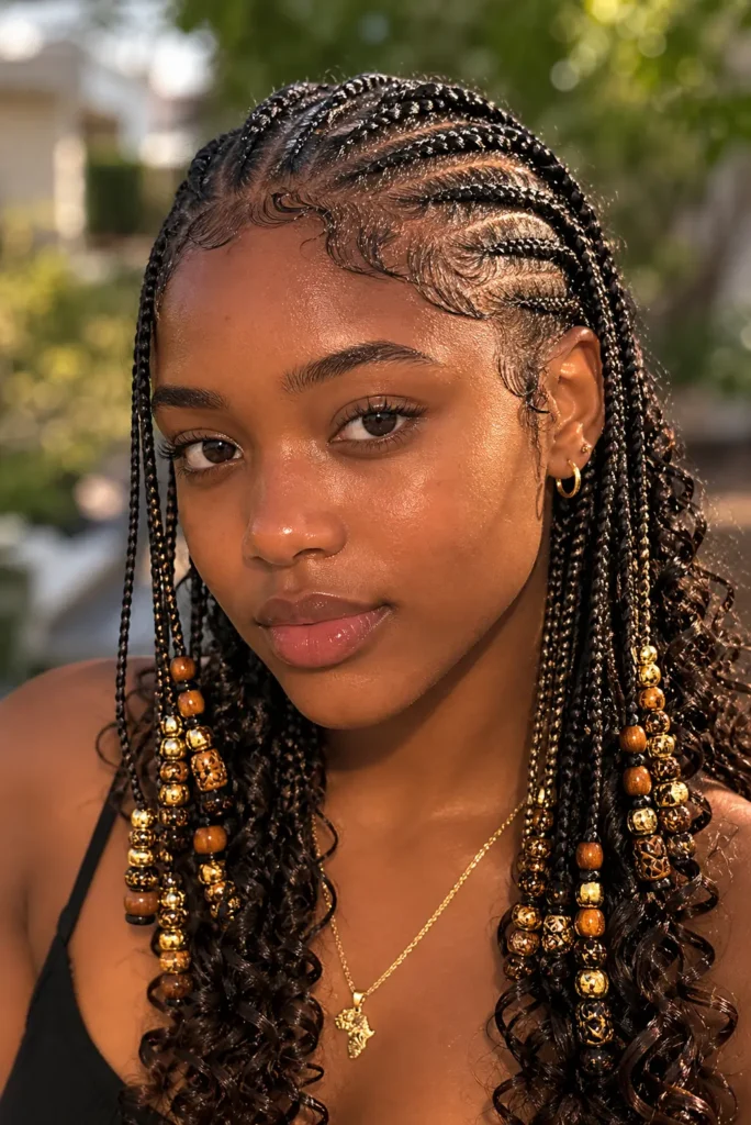 a Black woman outdoors in soft sunlight, looking directly at the camera. She has Fulani braids with curly ends decorated with black, gold, and wooden beads.