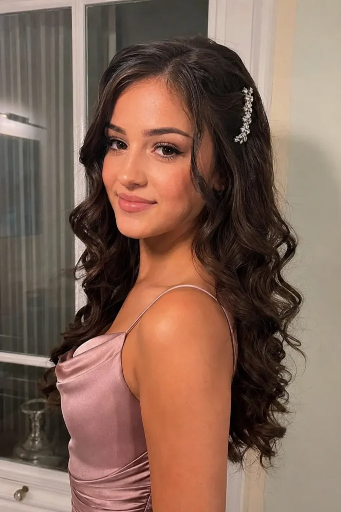 teenage girl with glamorous loose curls styled in defined, shiny ringlets, accented by a sparkly side hair clip. She wears soft glam makeup and a blush satin formal dress,