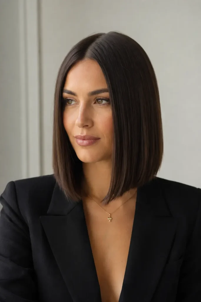 woman in her early 30s with a glossy center-parted lob hairstyle, featuring sleek fine hair with a smooth, shiny finish. She wears a simple elegant black outfit in a bright minimalist