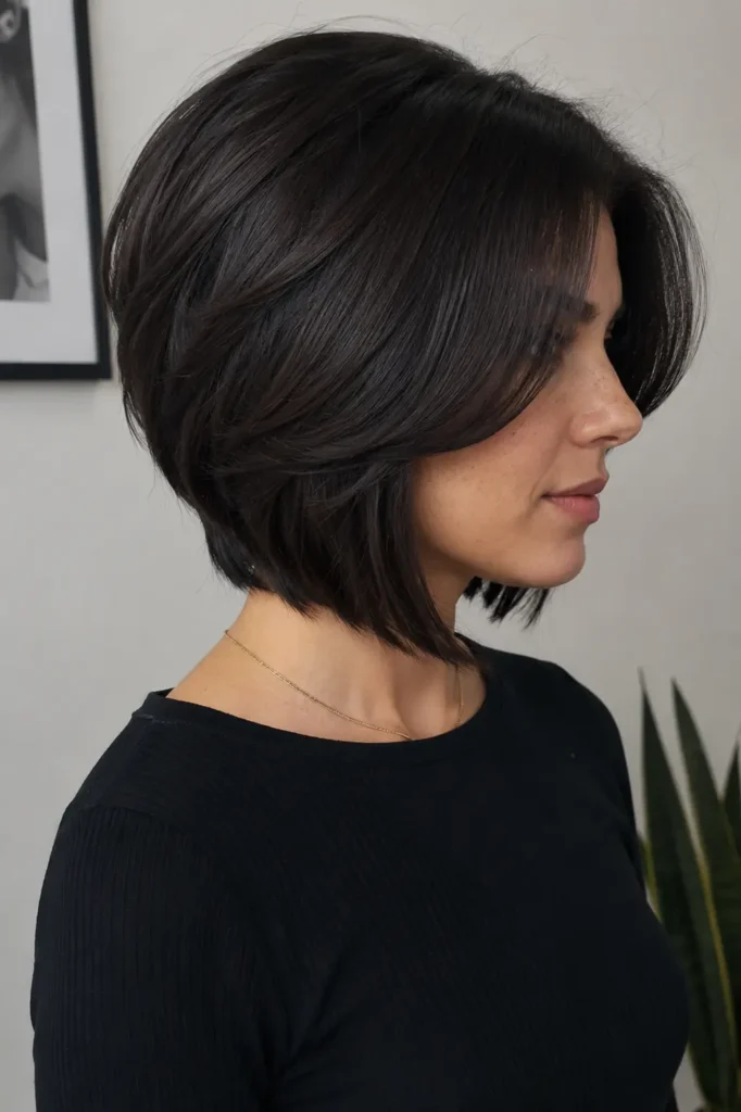 woman with a graduated layered bob haircut featuring stacked back layers and longer smooth front pieces, styled with lifted crown volume and a glossy polished finish. She wears a simple black top