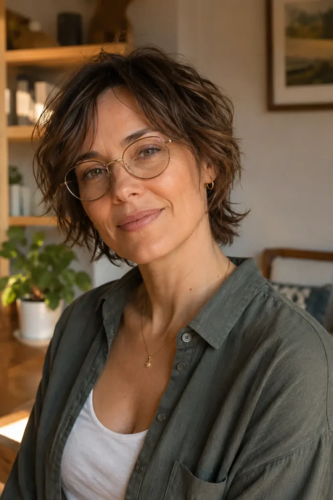 Alt text: A portrait of a confident woman in her early 40s with a grown-out pixie cut styled into soft shaggy layers around her face and neck. She has natural brown hair, wears thin oval metal glasses, and is dressed casually in a relaxed olive-green button-up over a white top. Warm natural light illuminates her face as she smiles gently in a cozy indoor setting with blurred plants and shelves in the background.